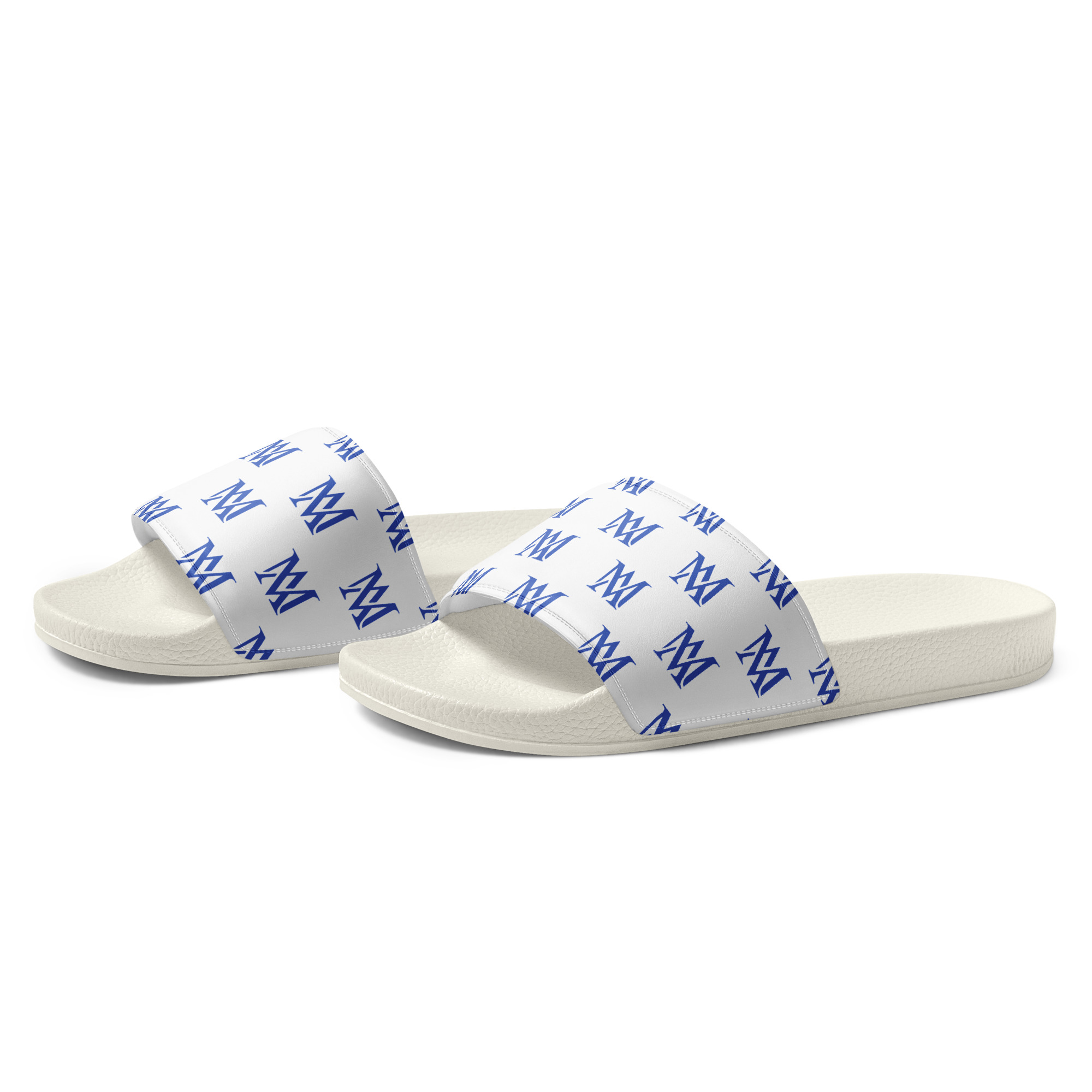 White slide sandals with blue monogram pattern