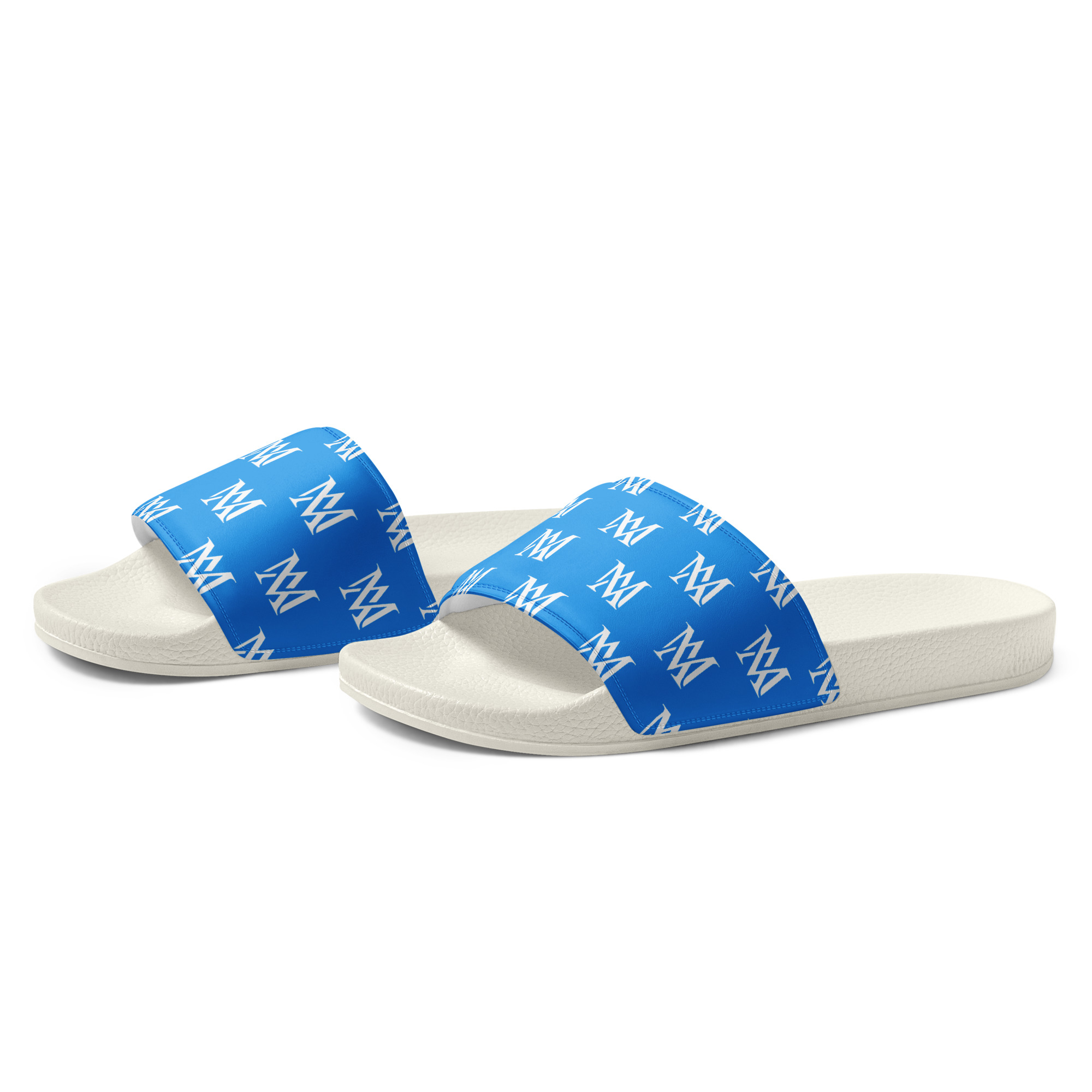 Pair of blue logo slide sandals
