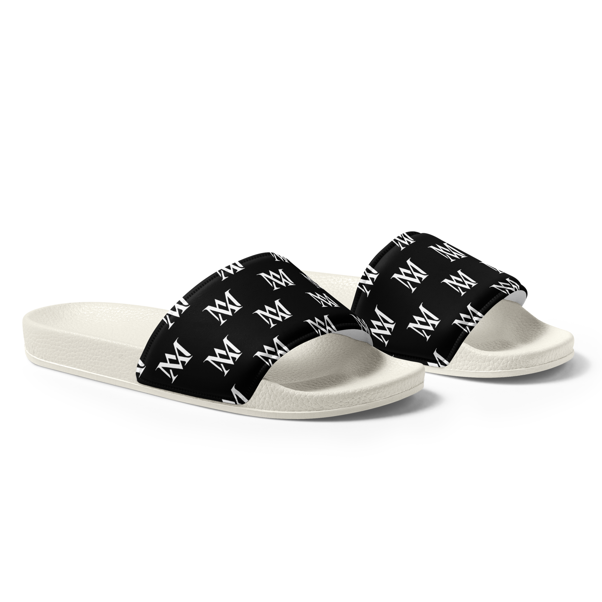 Black logo-patterned slides with white soles