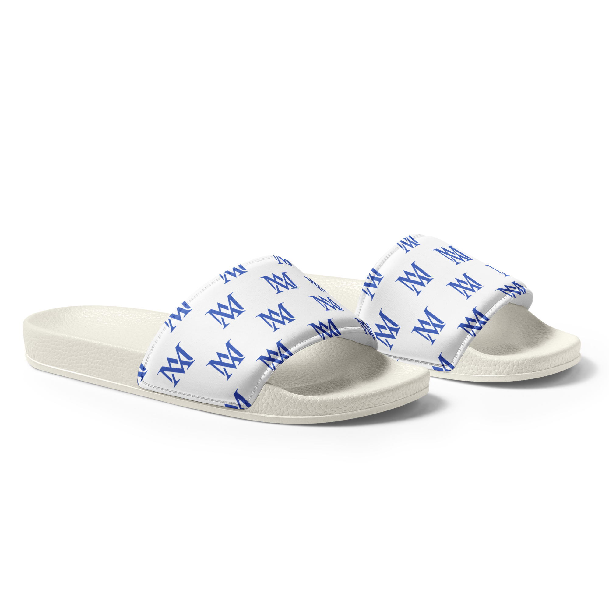 White slide sandals with blue repeating logo
