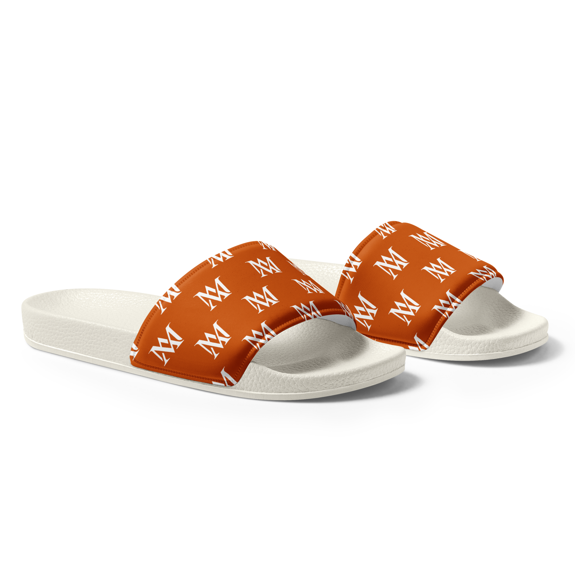 White slides with orange patterned logo straps