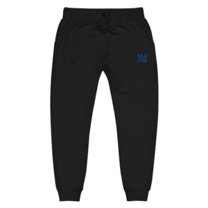 Black sweatpants with small blue M logo