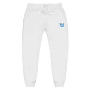 White drawstring jogger sweatpants with blue logo