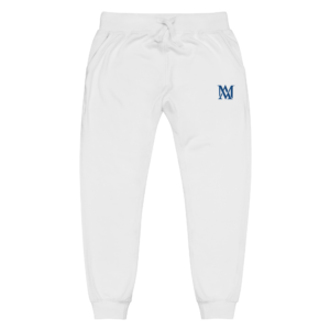 White joggers with blue monogram logo