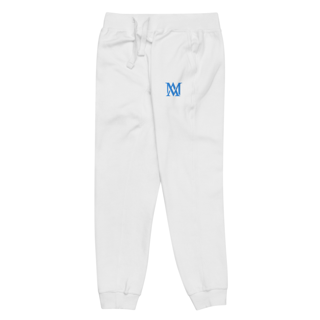 White jogger sweatpants with blue M logo