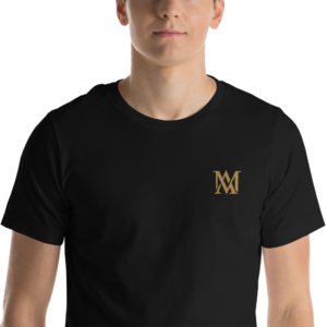 Man wearing black t-shirt with gold logo