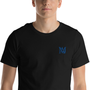 Man wearing black t-shirt with blue logo