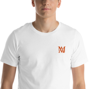 Man wearing white t-shirt with orange logo