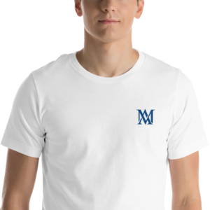 Person wearing white t-shirt with blue logo