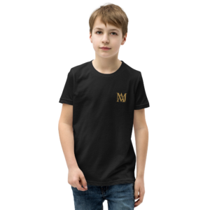 Boy in black t-shirt with gold logo