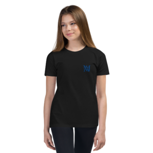 Young woman modeling black t-shirt with blue logo