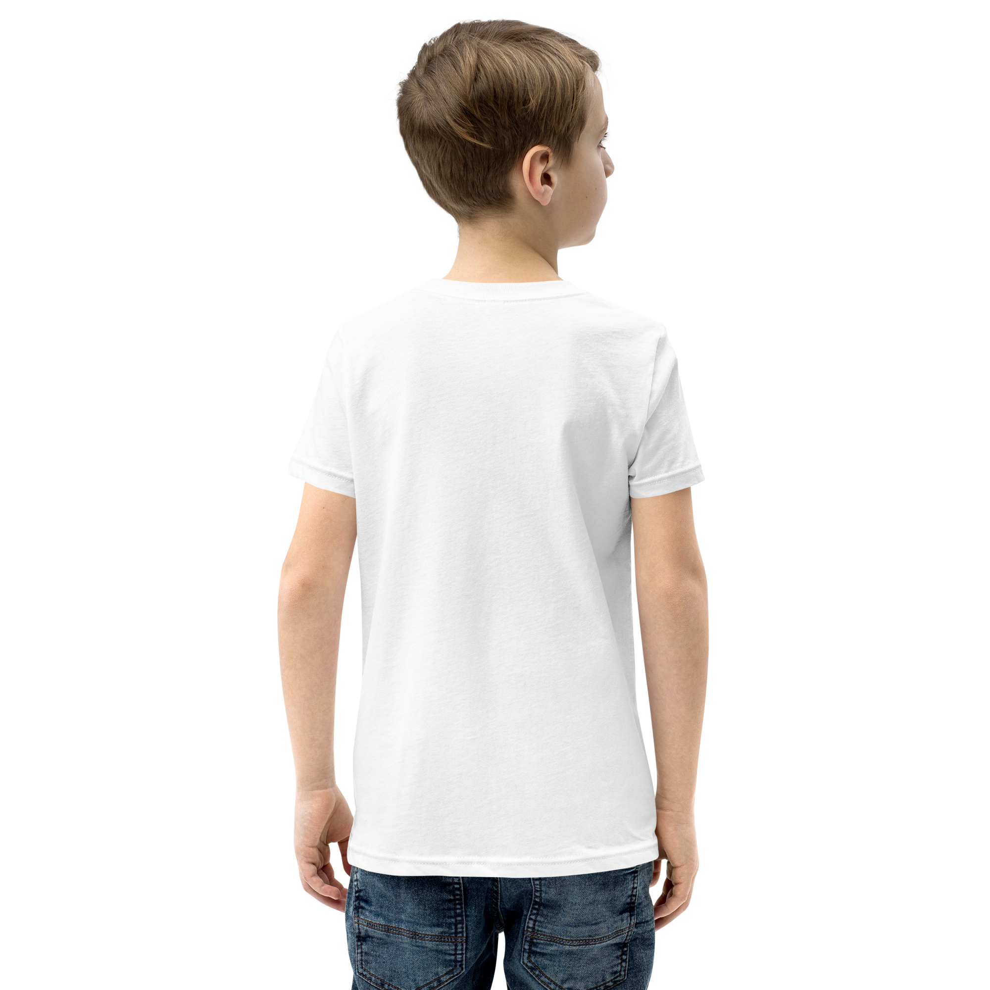Boy wearing white t-shirt facing away
