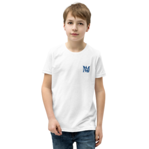 Boy wearing white t-shirt with blue logo