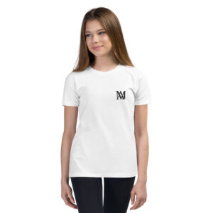 Young woman wearing white t-shirt with logo