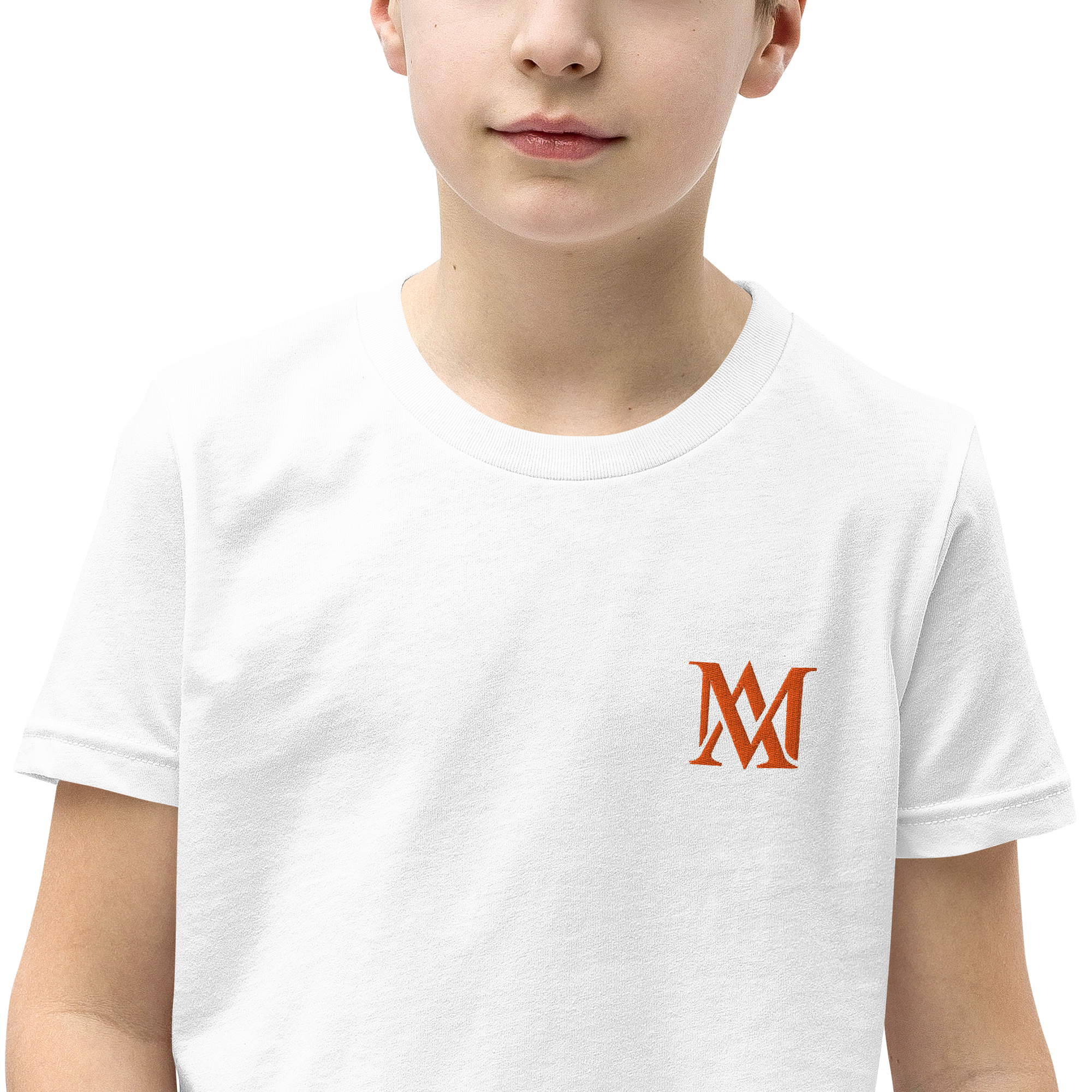 Child wearing white t-shirt with orange logo